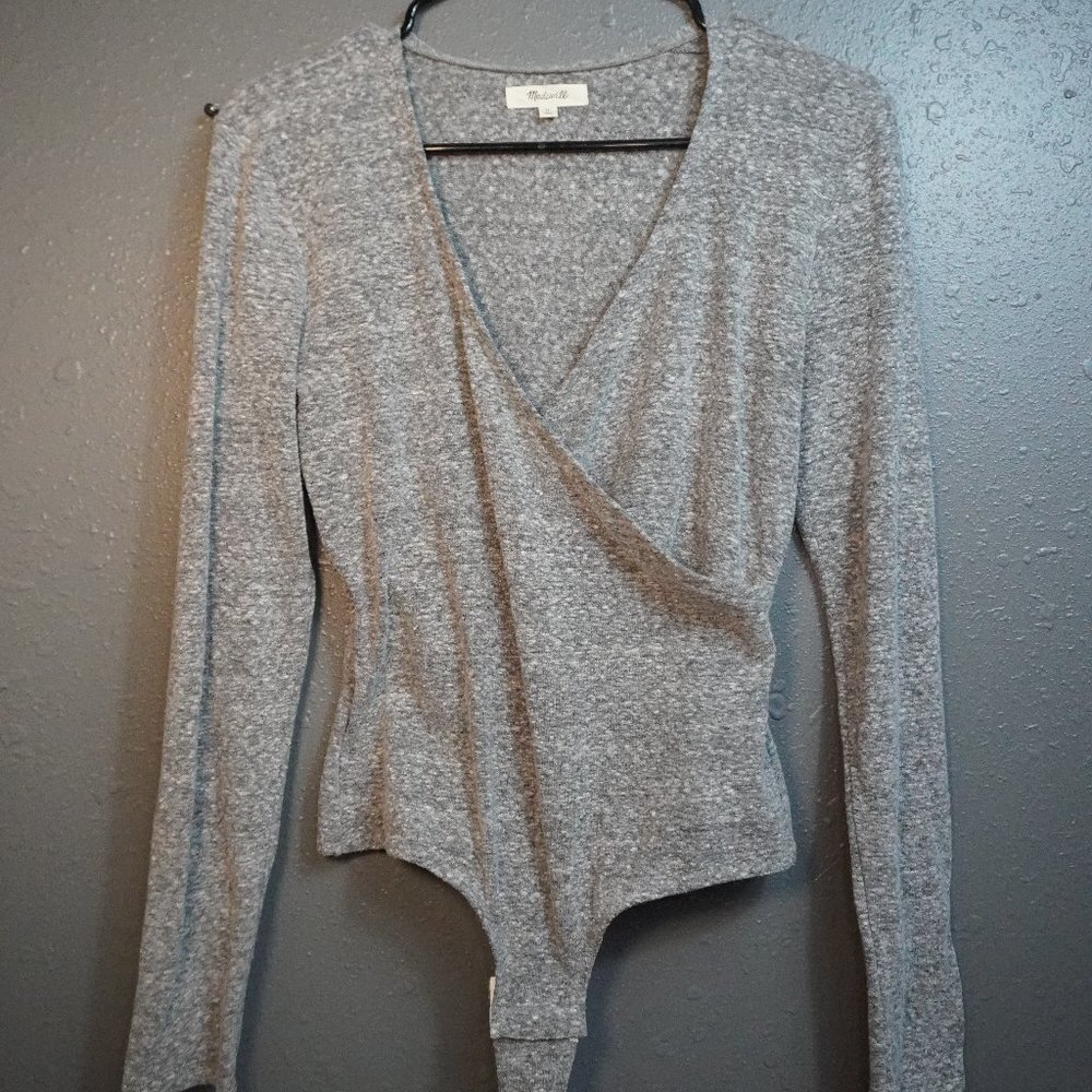 Madewell Women Heather Grey Wrap Thong V Neck Long Sleeve Bodysuit Size Medium - Picture 2 of 9